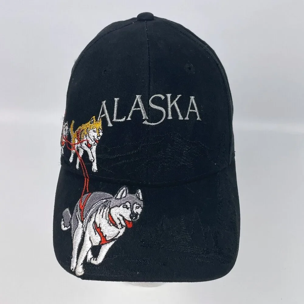 ALASKA Embroidered Husky Sled Dog Team Black Ball Hat Cap Adjustable Iditarod